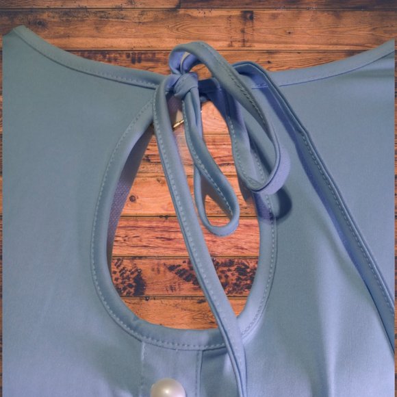 Light Blue Fitted Mini Dress w/Puff Sleeves - Picture 3 of 6